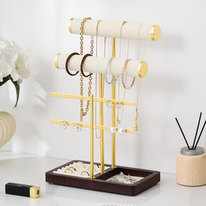 modern T-shaped jewelry rack, jewelry tower, gold metal, square ceramic base decoration display tower, necklace, bracelet, ring storage rack (2-layer beige velvet) - style: 2-layer beige velvet