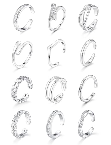 12Pcs Toe Rings for Women - 14K Gold Filled Toe Ring Non Tarnish Adjustable Simple Hug CZ Thin Band Toe Rings Summer Beach Foot Jewelry for Women - style: C-Silver