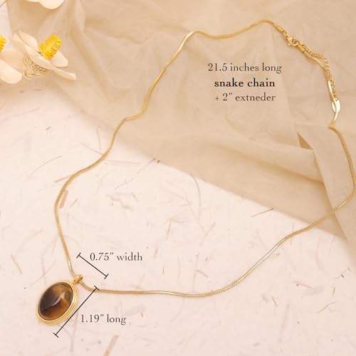 Sonateomber Gold Stone Pendant Necklace for Women, Chunky Statement Dainty Heart Oval Natural Gemstone Dangle Necklaces Wedding Prom Accessories Fashion Jewelry Gift - color: Brown Tiger Eye