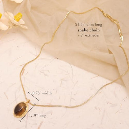 Sonateomber Gold Stone Pendant Necklace for Women, Chunky Statement Dainty Heart Oval Natural Gemstone Dangle Necklaces Wedding Prom Accessories Fashion Jewelry Gift - color: Brown Tiger Eye