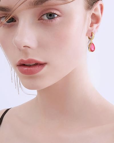 Crystals Teardrop Dangle Drop Earrings, 18K Gold Plated Hoop Earrings Zirconia Jewelry for Women Gifts - color: Rose Red