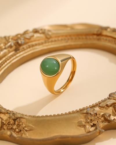 YeGieonr Gold Signet Rings for Women Non Tarnish Gold Rings, Waterproof Gemstones Statement Ring, 18K Gold Plated Stainless Steel Gem Stone Jewelry Gift for Everyday Wear - color: Green Aventurine