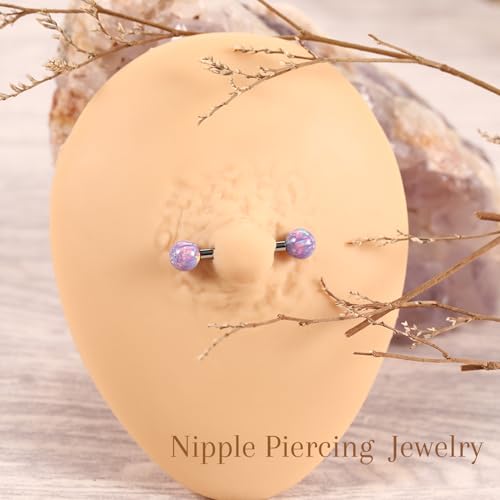 AROWRO Nipple Piercing Jewelry G23 Titanium Nipple Rings Tongue Rings Nipple Bar 14G Internally Threaded Straight Barbells Bridge Piercing Jewelry 12mm-20mm - color: Silver+Purple Opal