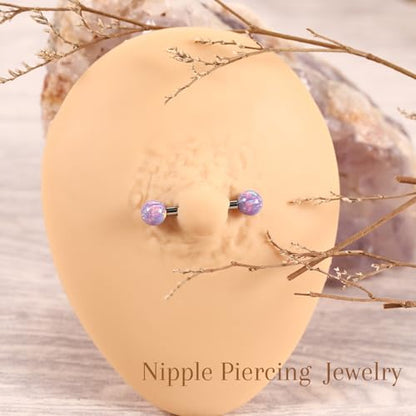AROWRO Nipple Piercing Jewelry G23 Titanium Nipple Rings Tongue Rings Nipple Bar 14G Internally Threaded Straight Barbells Bridge Piercing Jewelry 12mm-20mm - color: Silver+Purple Opal