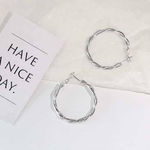 OGD Teardrop Hoop Earrings for Women 14K Gold Plated Large Chunky Oval Pull Through Hoop Earrings Statement Jewelry Gift for Women Hypoallergenic - color: Twisted Hoop-Silver38mm