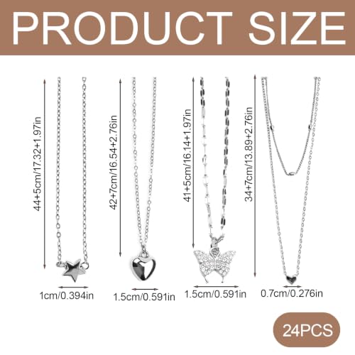 24 Pcs Y2K Necklace Set, Layered Grunge Emo Jewelry Pack With Cross, Butterfly, Heart, Moon, Star, and Pearl Chain Pendant Accessories, Daily Wear Gifts for Women - color: 16 Pcs Silver