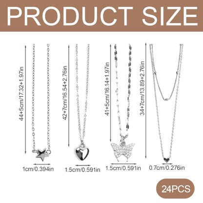 24 Pcs Y2K Necklace Set, Layered Grunge Emo Jewelry Pack With Cross, Butterfly, Heart, Moon, Star, and Pearl Chain Pendant Accessories, Daily Wear Gifts for Women - color: 16 Pcs Silver
