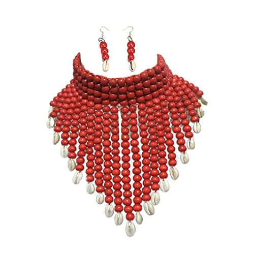 COLORFUL BLING Chunky Wooden Beaded Seed Bib Collar Necklace Boho Layered Africa Wood Shell Strand Choker Necklace Jewelry Set for Women - color: red