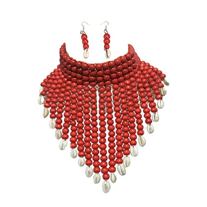 COLORFUL BLING Chunky Wooden Beaded Seed Bib Collar Necklace Boho Layered Africa Wood Shell Strand Choker Necklace Jewelry Set for Women - color: red