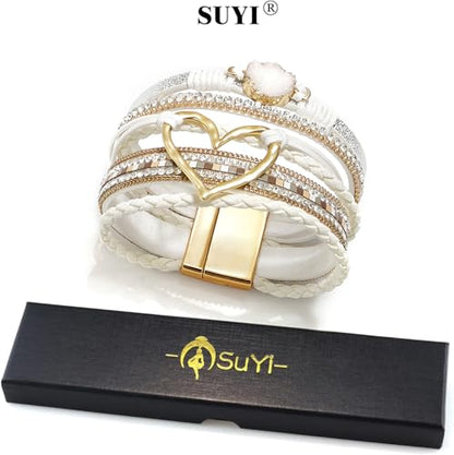 Suyi Multilayer Leather Wrap Bracelet Heart-Shape Wide Bracelets for Women - color: White