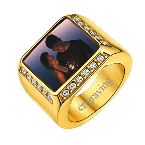 FindChic Customized Signet Photo Rings Square/Heart/Round Chunky Band Ring Stainless Steel/18K Gold Plated/Black Size 7 to 14 Personalized Jewelry for Men Women, Send Gift Box - color: 01. square (gold)