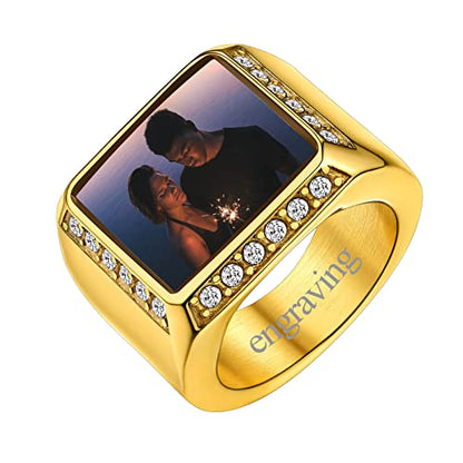 FindChic Customized Signet Photo Rings Square/Heart/Round Chunky Band Ring Stainless Steel/18K Gold Plated/Black Size 7 to 14 Personalized Jewelry for Men Women, Send Gift Box - color: 01. square (gold)