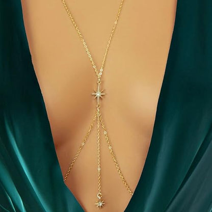 Gold Plated Body Chain for Women, Layered Bikini Waist Chain | Sexy Rhinestone Body Jewelry, Chest Belly Chain, Adjustable Fit, Crossover Design, Summer Beach Parties and Vacations - color: Gold2