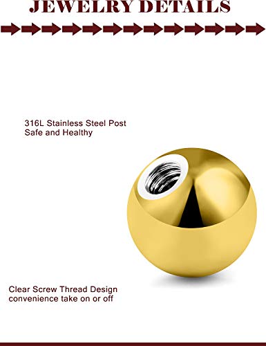Prjndjw 25Pcs 14G 16G Replacement Balls internal thread & Externally Threaded Surgical Steel Balls Industrial Barbell Tongue Nipple Belly Button Eyebrow Rook Piercing Rings Parts 3MM-8MM - color: 25Pcs-14G-Gold