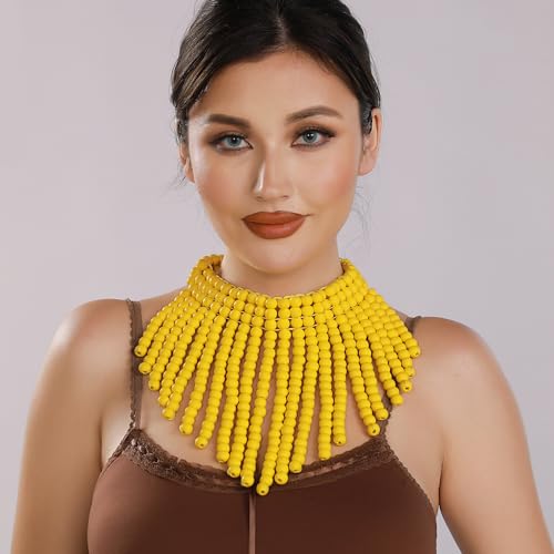 Coiris Boho African Wooden or Acrylic Beaded Bib Statement Necklace Strands Layered Cluster Chunky Collar Choker Wood Necklace for Women Fashion Costume Jewelry - color: Yellow