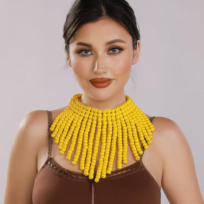 Coiris Boho African Wooden or Acrylic Beaded Bib Statement Necklace Strands Layered Cluster Chunky Collar Choker Wood Necklace for Women Fashion Costume Jewelry - color: Yellow