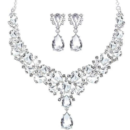 Hicarer Bridal Teardrop Cluster Crystal Jewelry Set for Women Necklace Earrings Wedding - color: Silver