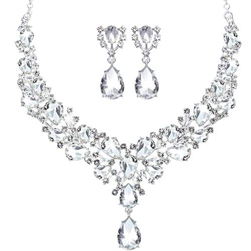 Hicarer Bridal Teardrop Cluster Crystal Jewelry Set for Women Necklace Earrings Wedding - color: Silver