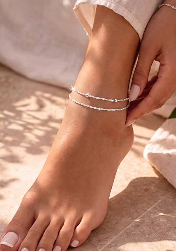 Moodear Ankle Bracelets for Women 14K Silver Plated Twist Bead Chain | Anklet Waterproof Non Tarnish Adjustable Summer Beach Anklet Jewelry Gift