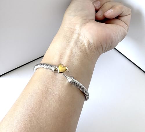 Adjustable Twist Stainless Steel Cable Wire 14K Gold Plated Love Heart Charm Bracelets Friendship Open Bangle Wrist Cuff for Women Men