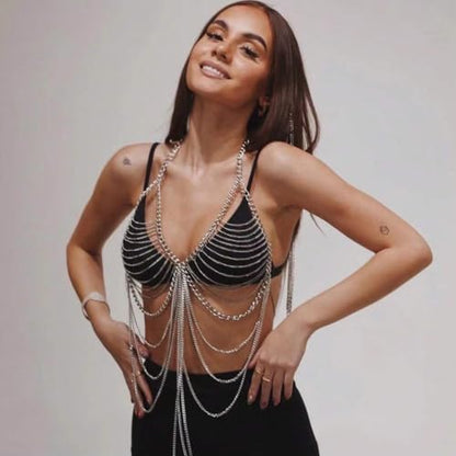 Sexy tassel body chain bra chain gold body jewelry bikini chain beach shoulder chain accessories carnival nightclub party gift (golden-3666) - style: silver-3666