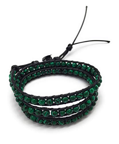 Handmade Alloy Leather Natural Stone Bead Statement Bracelet Bangle Cuff Rope 3 Wrap Adjustable Jewelry Collection - color: Synthetic Malachite & Black Leather Cord