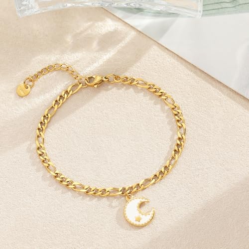 10 PCS Bracelets for Women Stainless Steel Chain Link Bracelet Set | 6.7 Inches with Extender, Jewelry Gifts for DIY, Chains Bulk, Oval, Curb, Figaro Chains, 18K Gold Plated, Silver, Chunky - color: Figaro Gold
