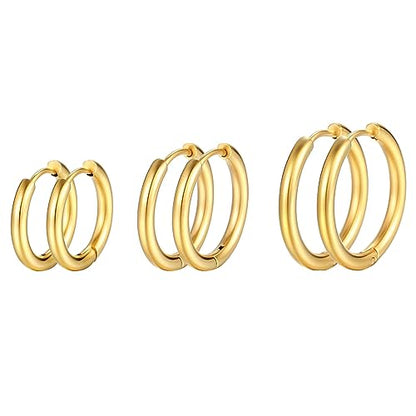 Silver Gold Hoop Earrings for Women Men, 316L Surgical Stainless Steel Huggie Hoop Earrings Set Hypoallergenic Small Cartilage Earrings Lightweight Hoop Earrings Huggie Set - color: Gold--8/10/12mm