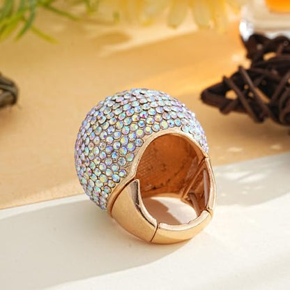 Gold Snowball Rhinestone Cocktail Ring – Adjustable Stretch Sparkling Party Jewelry for Women, Elegant Costume Ring for Evening Wear, Wedding, Prom - color: White AB