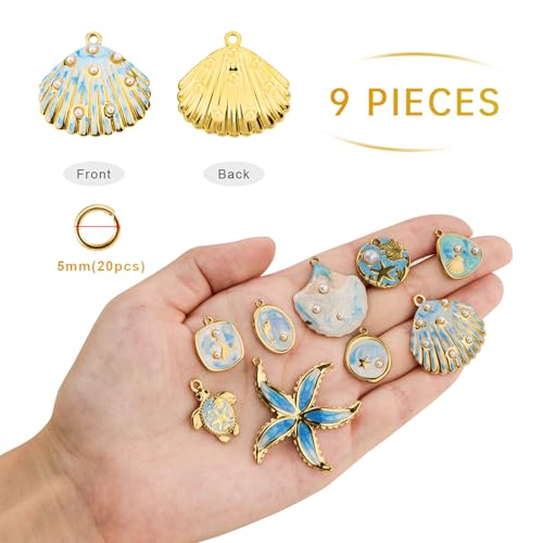 UMAOKANG 9pcs Blue Enamel Ocean Collection Charms for Jewelry Making, Gold Plated Stainless Steel Charm Pendant Bulk with Jump Rings - color: Blue