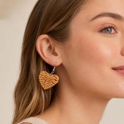 Handmade Rattan Teardrop Dangle Earrings for Women, Lightweight Boho Woven Statement Earrings with Gold Fish Hook, Natural Straw Weave Vacation Jewelry for Summer Beach - style: Heart