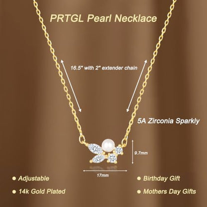 Pearl Necklaces for Women 14k Gold/White Gold Plated CZ Diamond | Dainty Cubic Zirconia Necklace, Bridal Bridesmaids Wedding Jewelry Gifts - color: Gold CZ Round Pearl