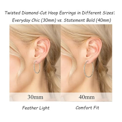 14K Gold/Silver Plated Twisted Hoop Earrings for Women - Sparkly Diamond-Cut Large Hoops with 925 Sterling Silver Post, Lightweight Hypoallergenic Trendy Jewelry Gifts (30mm / 40mm) - size: Silver 30mm