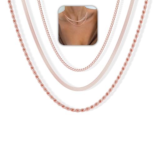 Freekiss Layered Necklace Set for Women Stackable | Herringbone Snake Cuban Rope Chain, Dainty Choker, Layered Stackable, Non Tarnish, Hypoallergenic, Adjustable 14-18.5" - color: Rose Gold, style: 3Snake+Rope+Cuban