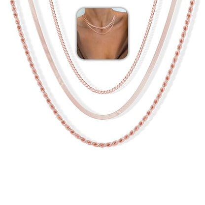 Freekiss Layered Necklace Set for Women Stackable | Herringbone Snake Cuban Rope Chain, Dainty Choker, Layered Stackable, Non Tarnish, Hypoallergenic, Adjustable 14-18.5" - color: Rose Gold, style: 3Snake+Rope+Cuban