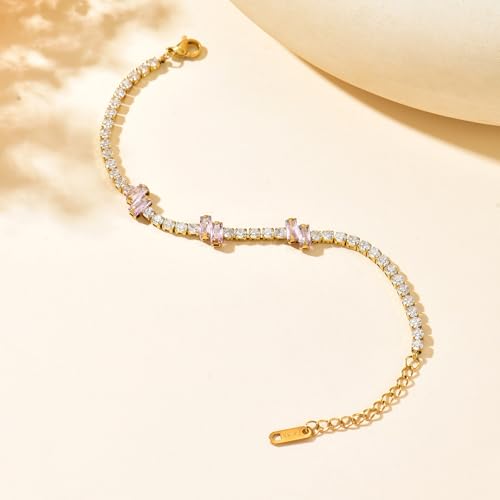 18K Gold Plated Cubic Zirconia Tennis Bracelet for Women Sparkling Stackable Stainless Steel Jewelry Hypoallergenic Tarnish Resistant Bridal Gift - color: Pink Baguette CZ-Gold