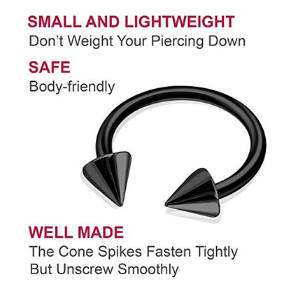 8pcs 16g Horseshoe Ring Circular Barbell Cartilage Hoop Septum Nose Lip Eyebrow Spider Bite Tragus Black Spike Ear - 12mm