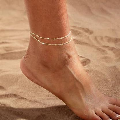 Warshion Ankle Bracelets for Women - 14K Gold Plated Waterproof Gold Anklet Delicate Chain Women's Anklets Summer Beach Pearl Jewelry Layering Gift Non Tarnish - color: ANKLETS-B-GD