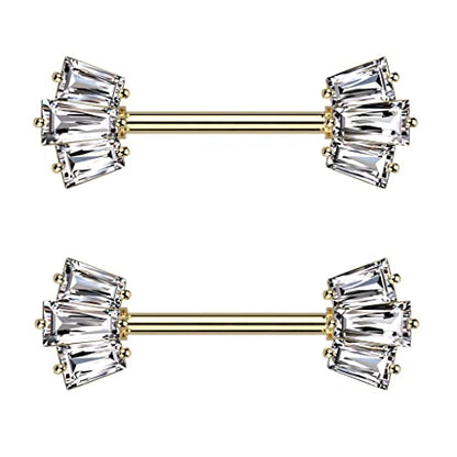 Pierced Owl 14GA 316L Stainless Steel CZ Crystal Baguette Crown Ends Nipple Barbells, Sold as a Pair - style: Gold Tone