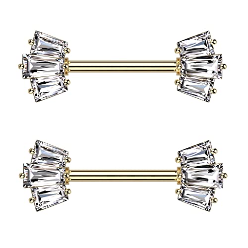 Pierced Owl 14GA 316L Stainless Steel CZ Crystal Baguette Crown Ends Nipple Barbells, Sold as a Pair - style: Gold Tone