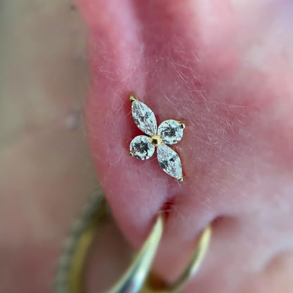 FINE4U 1PC ASTM F136 Titanium 16G Flatback Stud for Tragus, Helix, Conch 6mm 8mm - Screw on Cartilage Earring Piercing Jewelry - color: Four-Pointed Star C - Gold