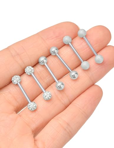 Akeoqi 8 Pairs Nipple Rings Tongue Ring 14G Stainless Steel CZ Ball Heart Butterfly Nipple Straight Barbells Body Piercing Jewelry for Women Men Silver Rose Gold Plated 14mm - color: B:Silver, size: 14mm