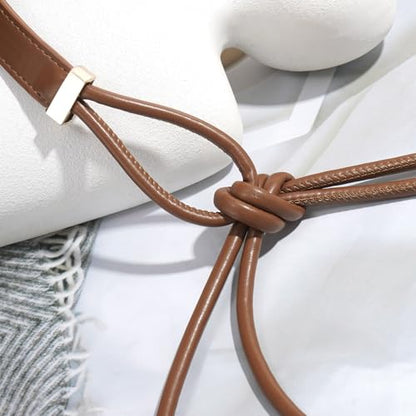 Women's Knotted Thin Waist Belt PU Leather Skinny Belts for Dresses Pants - color: Brown