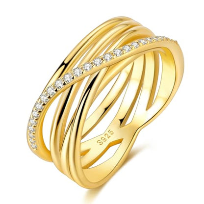 Hapour 925 Sterling Silver Rings for Women Firefly Ring, Glow in the Dark | Sun Moon Star Band Ring Rainbow Evil Eye Chunky Heart Thumb Pinky Stackable Dainty Ring, 14K Gold Plated, Cubic Zirconia - color: Gold Layered Intertwined, size: 8