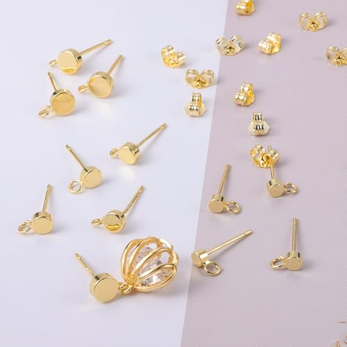 12Pcs Gold Earrings Making Supplies Flat Studs Post with Loop Ear Backs | Hypoallergenic 3/4/5mm Ball/Flat Stud Post Replace Butterfly Ear Backs for Dangle Charm Pendant Earring Jewelry Making Set - color: Flat_Gold