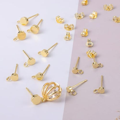 12Pcs Gold Earrings Making Supplies Flat Studs Post with Loop Ear Backs | Hypoallergenic 3/4/5mm Ball/Flat Stud Post Replace Butterfly Ear Backs for Dangle Charm Pendant Earring Jewelry Making Set - color: Flat_Gold