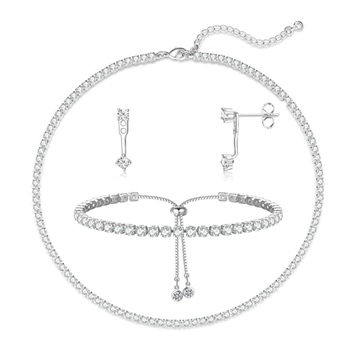Luxval Tennis Necklace 14K Gold Plated Rhinestone Butterfly Choker Necklaces for women Dainty Zirconia Cut Faux Diamond chain 3mm - color: Silver-2CZ tennis set