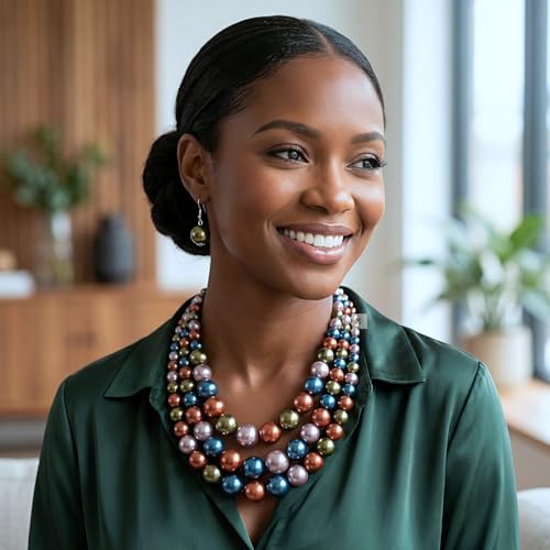 Simulated Pearl Necklace & Earring Set, Multi Strand - color: Dark Multi