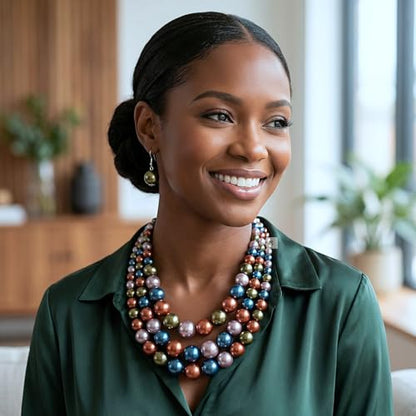 Simulated Pearl Necklace & Earring Set, Multi Strand - color: Dark Multi