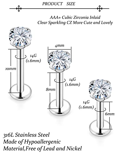 14G Lip Rings Stainless Steel Tragus Helix Conch Piercing Jewelry Snake Bite Piercing Monroe Lip Rings Labret Medusa Cartilage Lobe Earrings Studs Piercing Jewelry 6MM 8MM 10MM Silver 18PCS - color: 14G-4MM